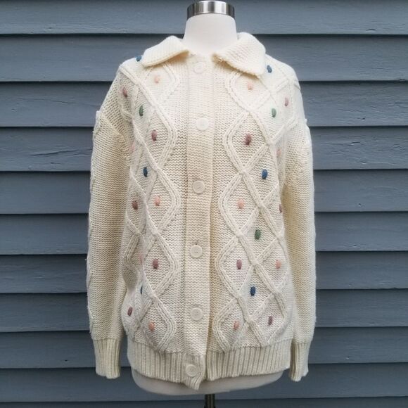Vintage 70s Pastel Dots Cream Acrylic Fisherman Button Down Cardigan Sweater Lg - Picture 1 of 9